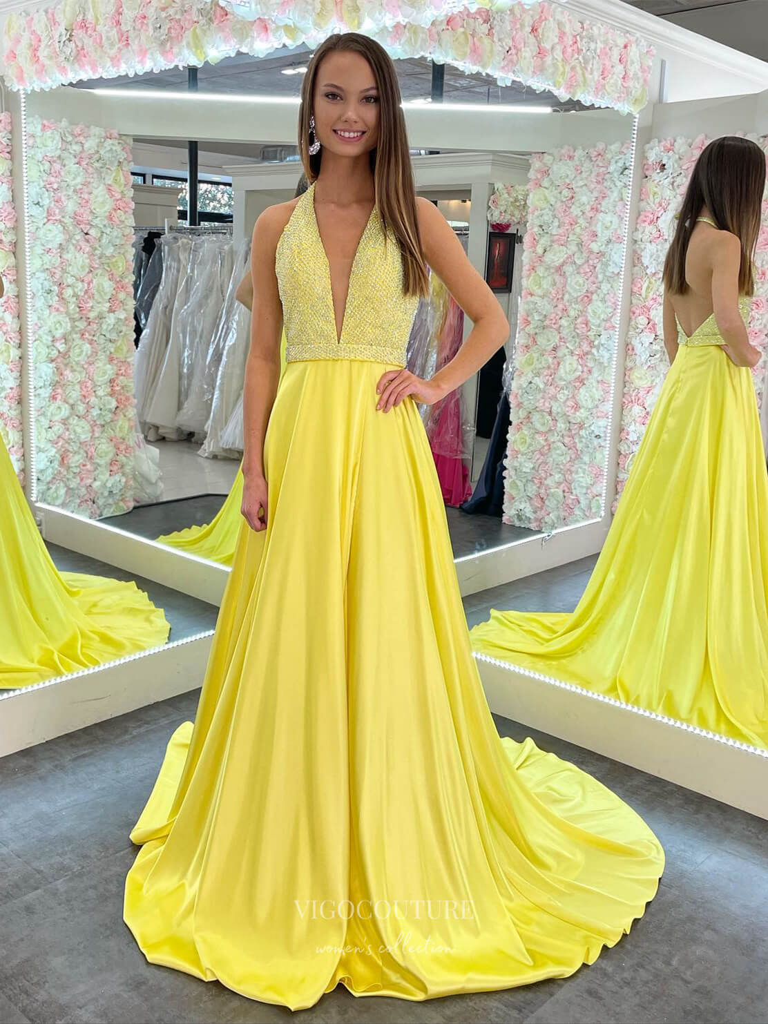 Yellow Smooth Satin Plunging V-Neck Prom Dresses Beaded Bodice Open Ba vigocouture Yellow Smooth Satin Plunging V-Neck Prom Dresses Beaded Bodice Open Ba vigocouture