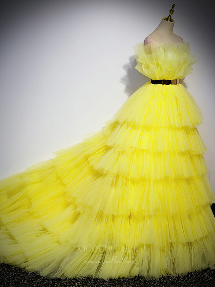 Prom Dress 2025 Yellow Tiered Quinceanera Dresses Spaghetti Strap Sweet 16 Dresses 20907-unique elegant Prom Dresses-Yellow-Custom Size-vigocouture