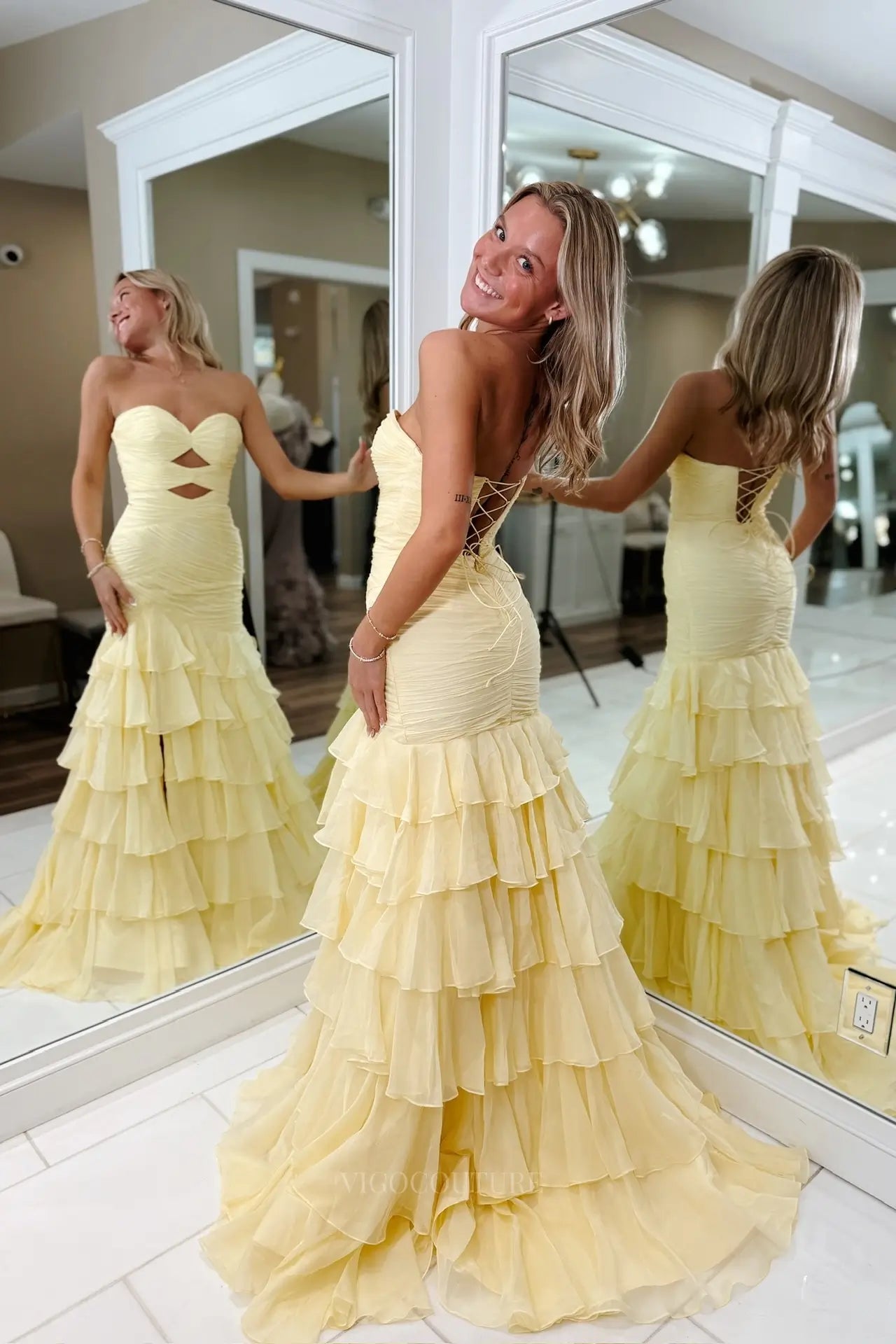 Prom Dresses 2025 to impress Yellow Tiered Ruffle Mermaid Prom Dress with Ruched Bodice, Cutout Waist & Slit – 26139-vigocouture-vigocouture