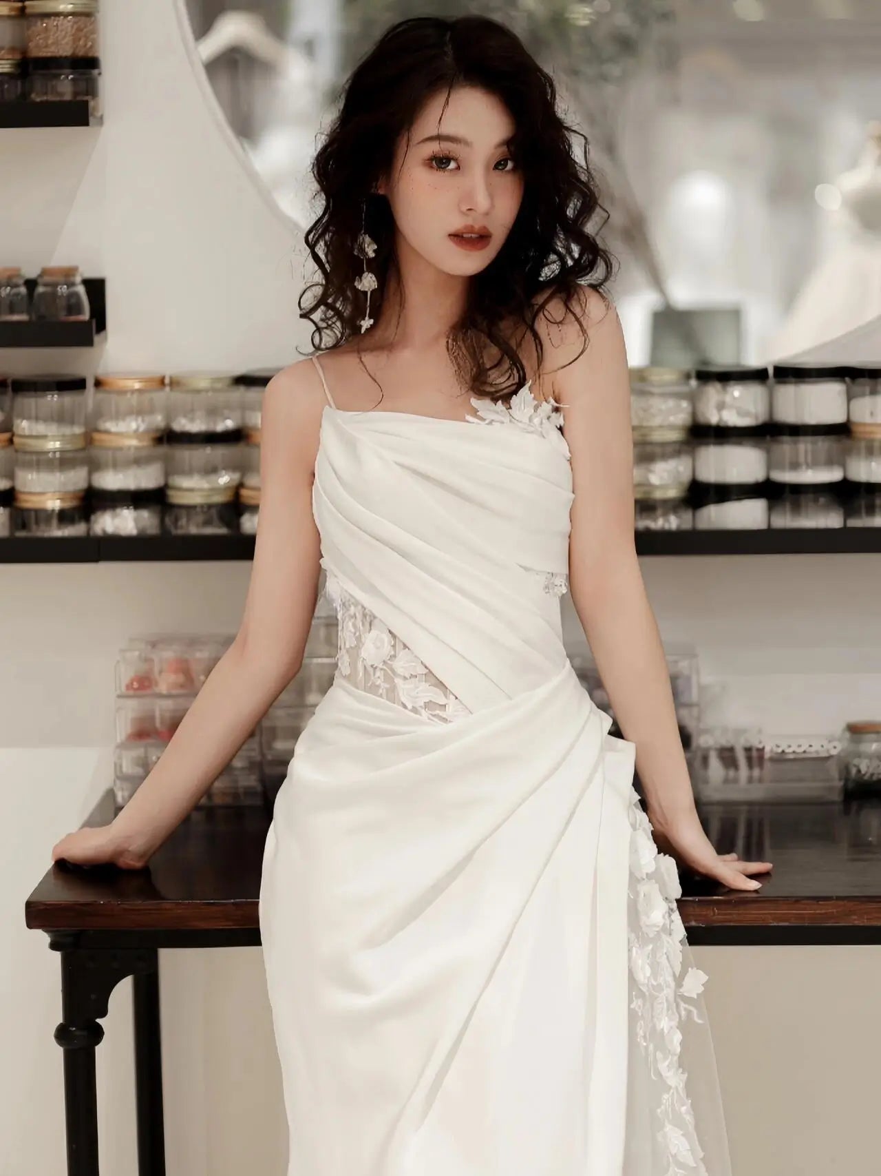 Wedding Dresses 2025 to impress Asymmetrical Draped Wedding Gown with Sheer Lace Corset and Floral Tulle Overlay – Style RD008-vigocouture-vigocouture