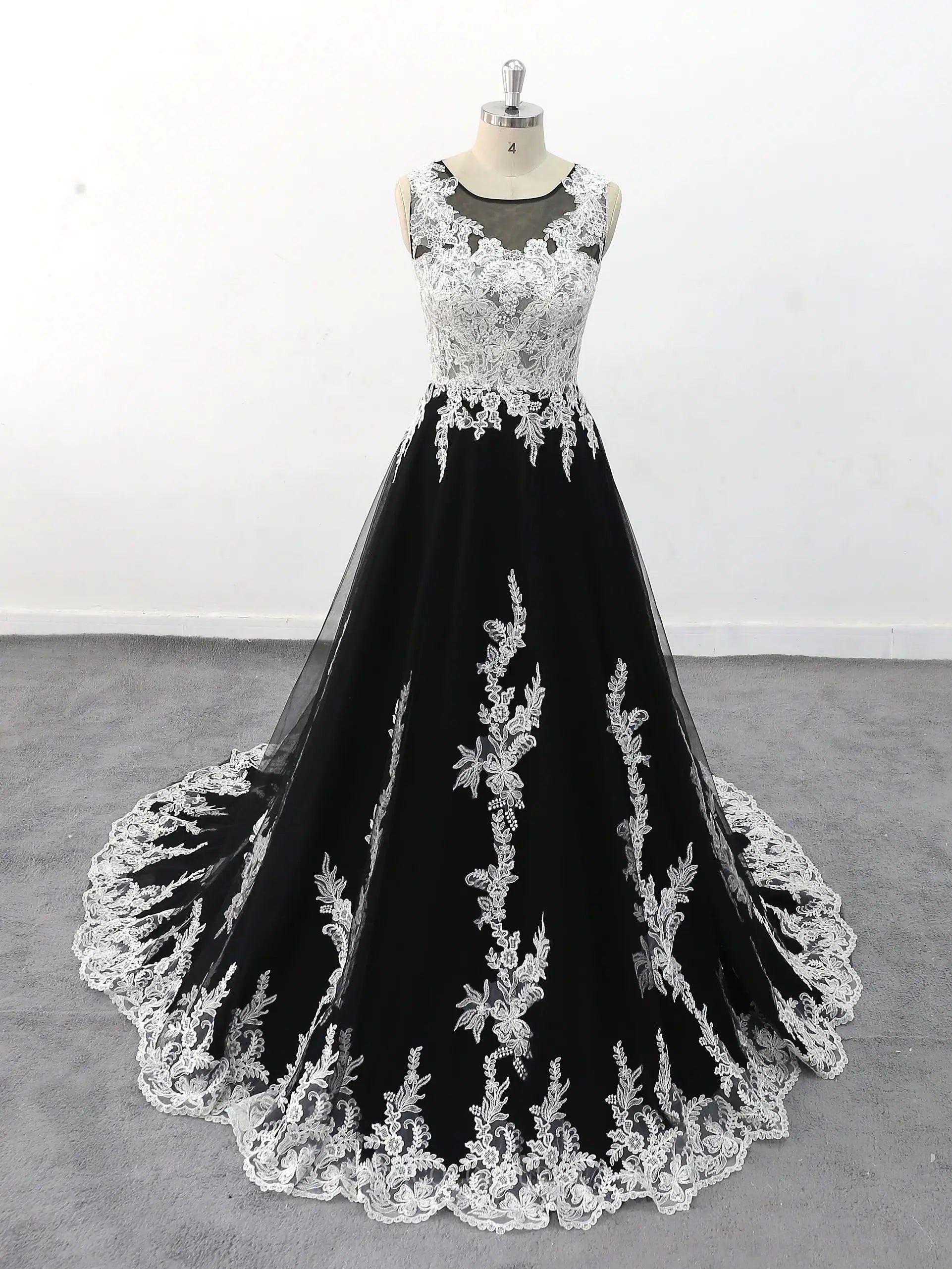 Black Tulle Ivory Lace Wedding Dresses with Boat Neck & Court Train - vigocouture Black Tulle Ivory Lace Wedding Dresses with Boat Neck & Court Train - vigocouture