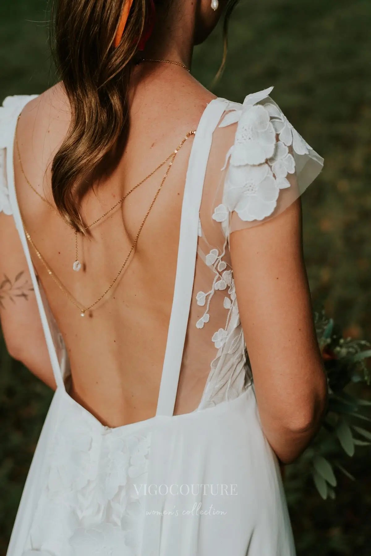 Wedding Dresses 2025 to impress Bohemian Floral Wedding Dress with V-Neckline, Sheer Floral Lace Cap Sleeves, and Open Back – W2229-vigocouture-vigocouture