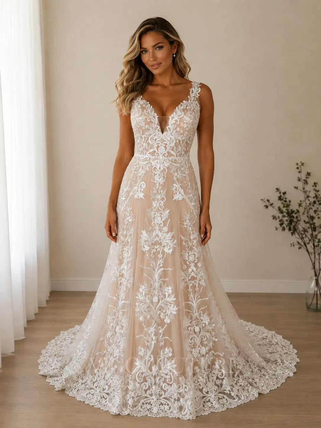 Bohemian Ivory Lace Wedding Dress with Deep V-Neck, Low Back, and Chapel Train – W2224