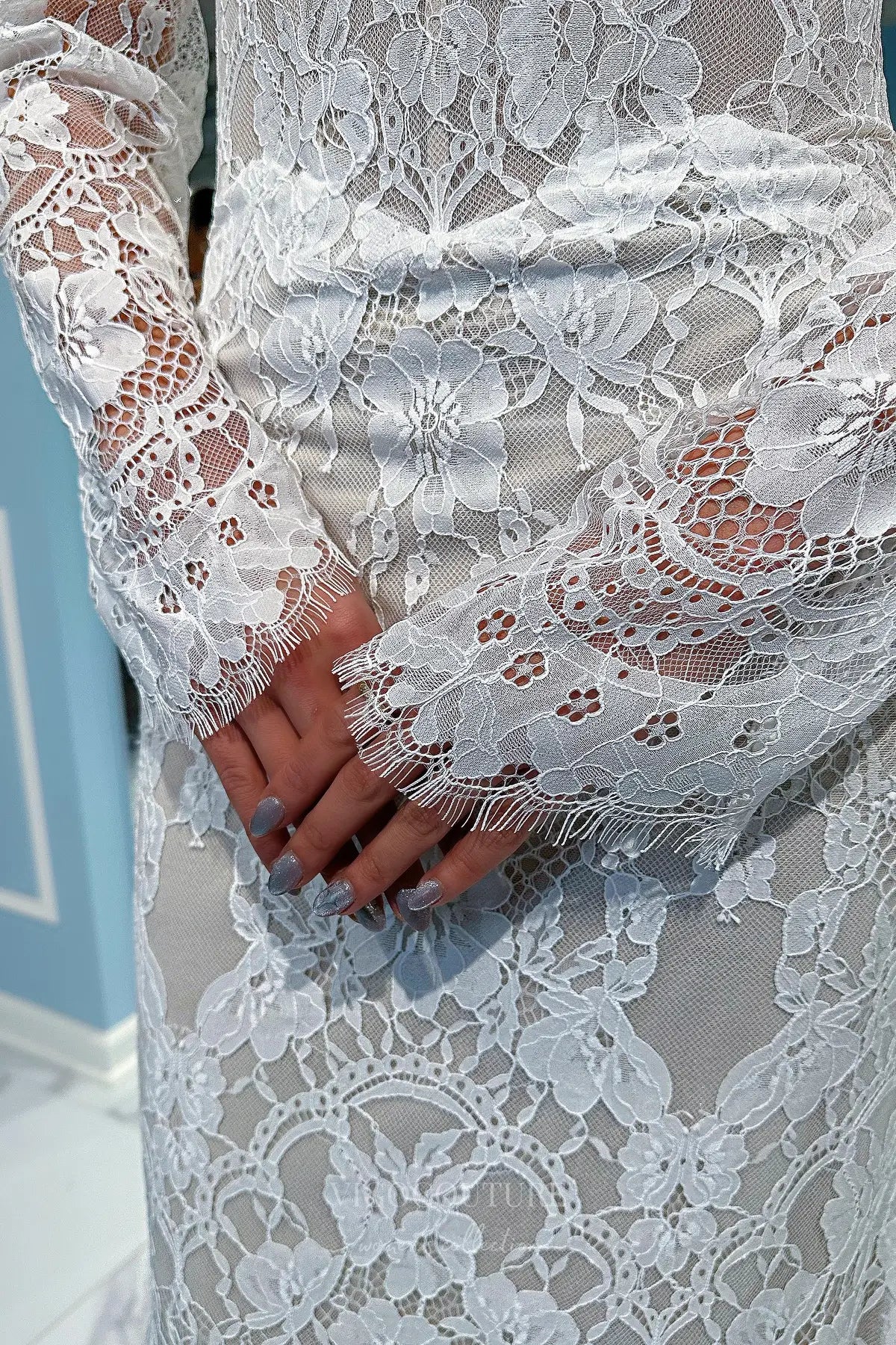 Wedding Dresses 2025 to impress Boho Nude Mermaid Lace Wedding Dress with Off-Shoulder Long Sleeves and Chapel Train – W2225-vigocouture-vigocouture