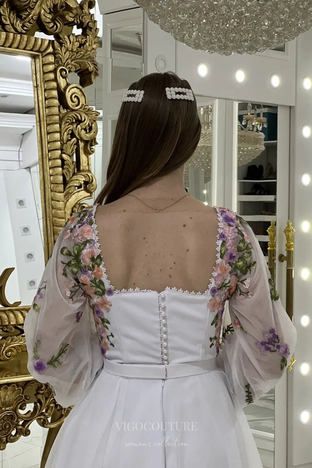 Wedding Dresses 2025 to impress Charming Floral Embroidered Short Wedding Dress with Square Neckline & Sheer Long Sleeves – W2624-vigocouture-vigocouture
