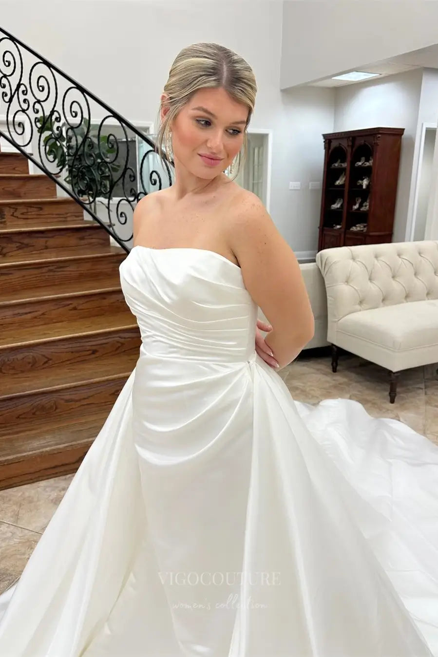 Wedding Dresses 2025 to impress Classic Satin Strapless Ball Gown Wedding Dress with Ruched Bodice & Detachable Overskirt – W2606-vigocouture-vigocouture