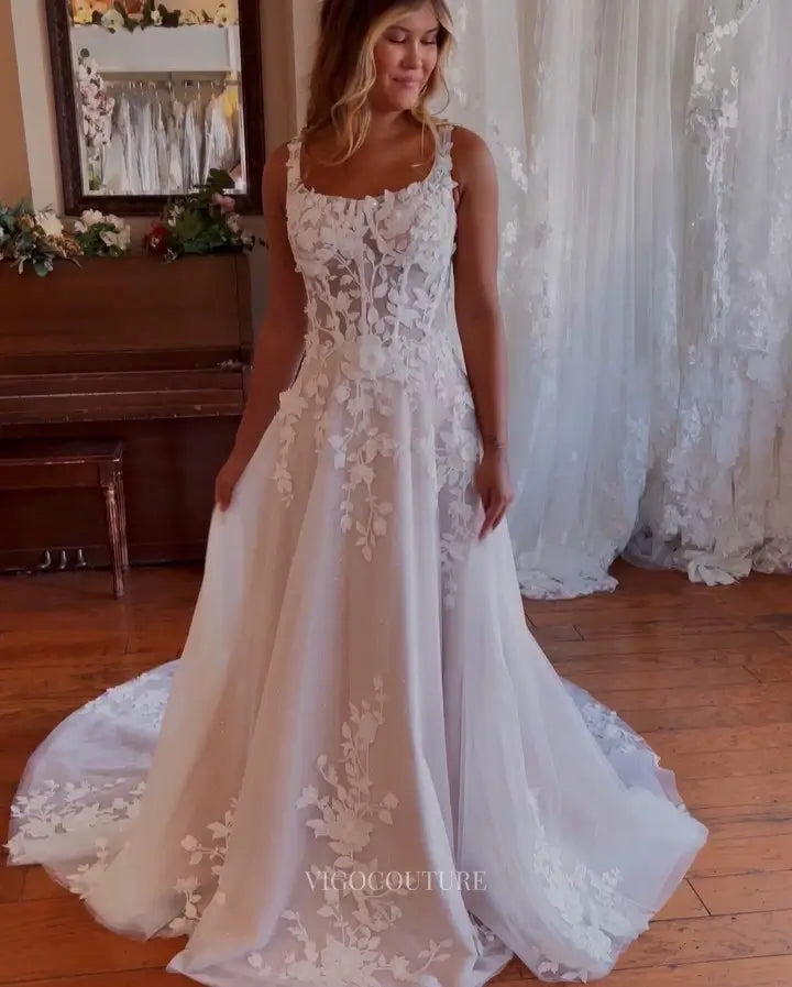 Wedding Dresses 2025 to impress Elegant Floral Lace A-Line Wedding Dress with Sheer Long Sleeves, Sparkly Tulle Skirt & Chapel Train – W2647-vigocouture-vigocouture