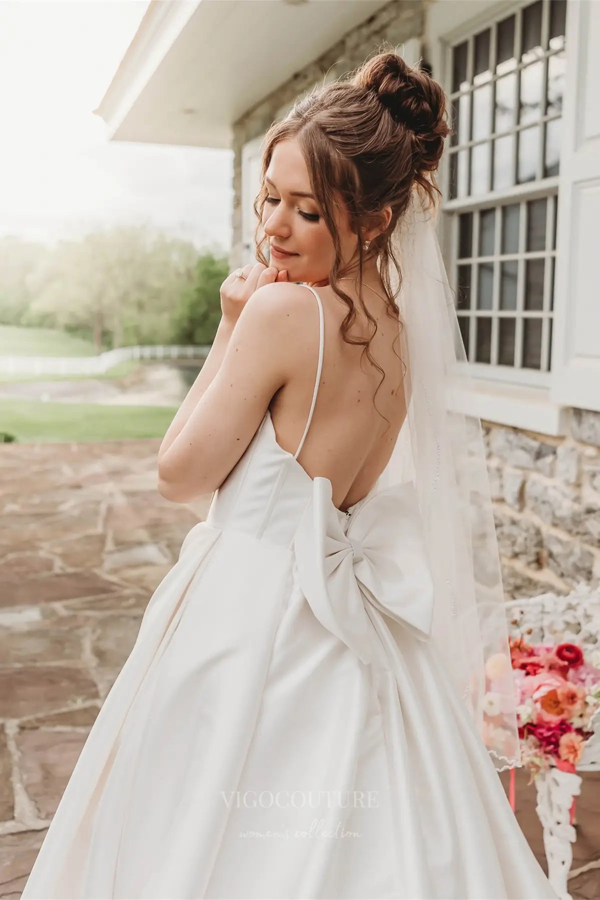 Wedding Dresses 2025 to impress Elegant Satin A-Line Wedding Dress with Spaghetti Straps, Plunging Neckline, Bow Back & Pockets – W2615-vigocouture-vigocouture