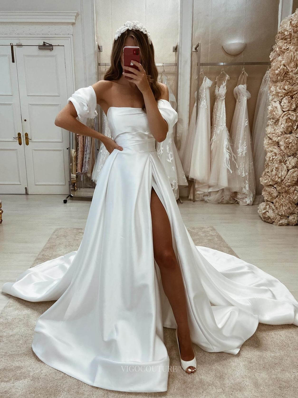 Elegant Strapless Satin Wedding Dress with Slit Minimalist Outdoor Bridal Gown W0153 Custom Colors / US14 Elegant Strapless Satin Wedding Dress with Slit Minimalist Outdoor Bridal Gown W0153 Custom Colors / US14