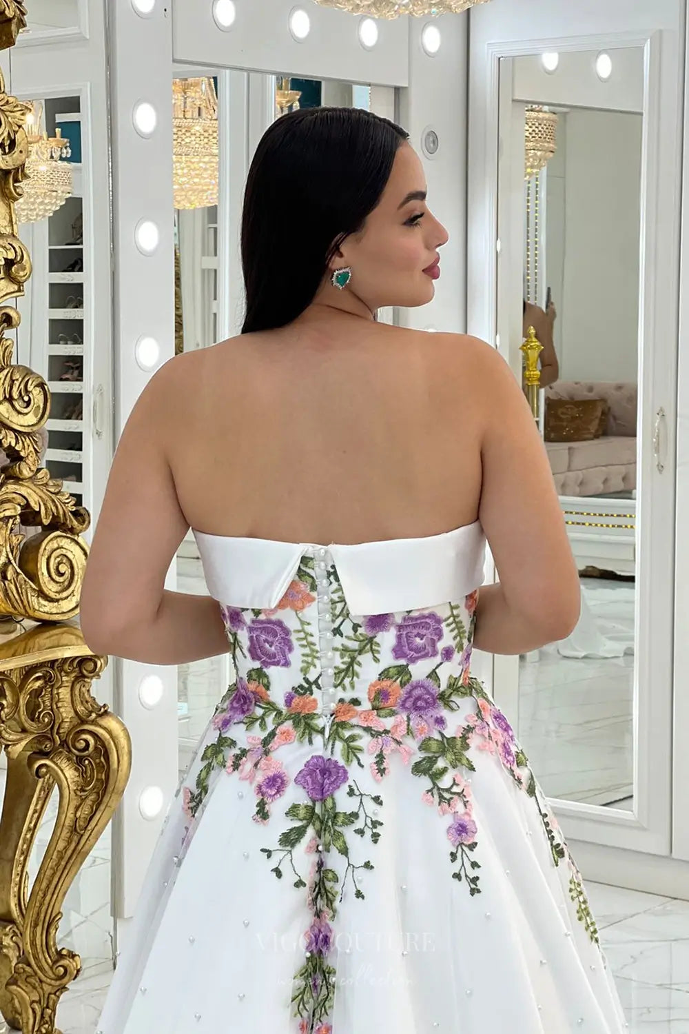 Wedding Dresses 2025 to impress Enchanting Floral Embroidered Strapless Wedding Dress with Pearl Tulle Skirt & Removable Puff Sleeves – W2632-vigocouture-vigocouture