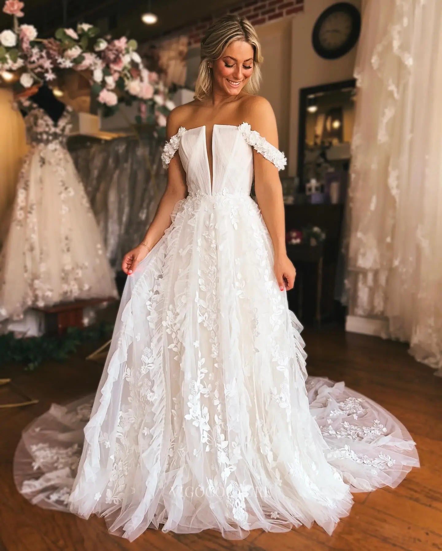 3D Floral A-Line Wedding Dress with Deep Plunge & Chapel Train – W2646 – vigocouture
