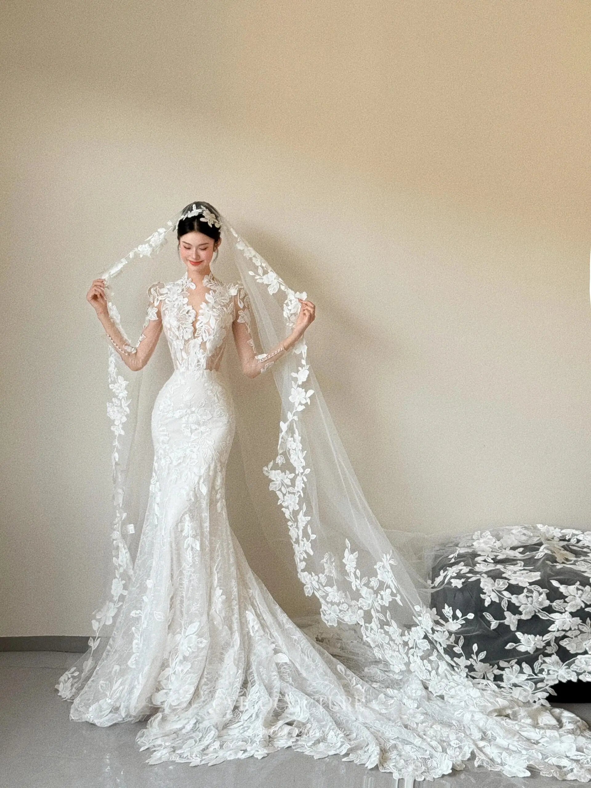 illusion lace mermaid wedding dress Elegant Illusion Sleeves Lace Mermaid Wedding Dress -
