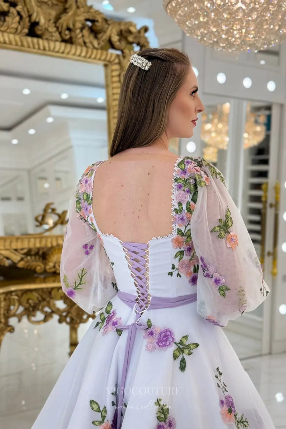 Wedding Dresses 2025 to impress Graceful Floral Embroidered Midi Wedding Dress with Square Neckline, Sheer Long Sleeves & Lavender Sash – W2629-vigocouture-vigocouture