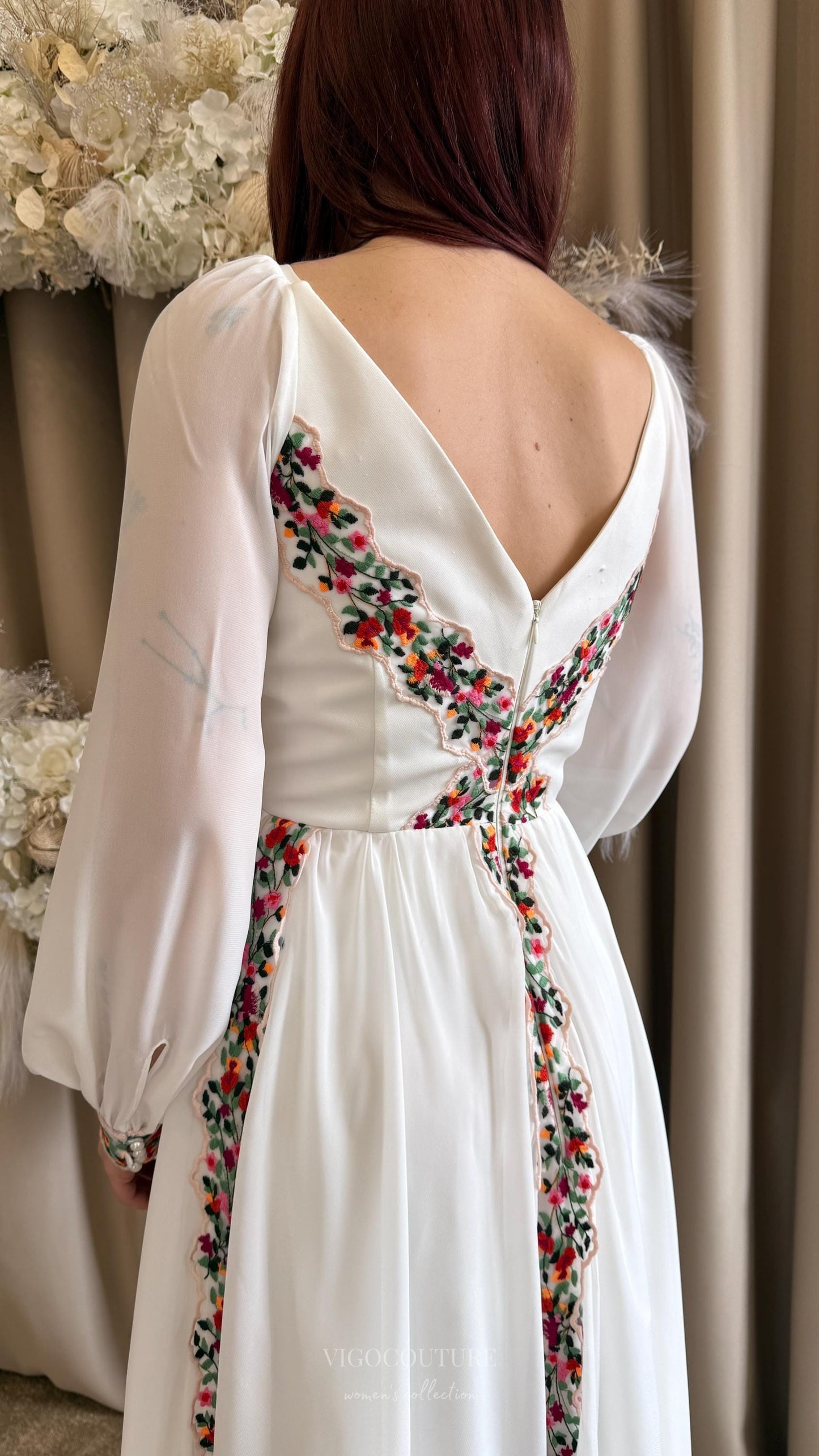 Wedding Dresses 2025 to impress Ivory Boho Wedding Dress with Red & Green Floral Embroidery, Long Puff Sleeves, Deep V-Neckline & Slit – W2378-vigocouture-vigocouture