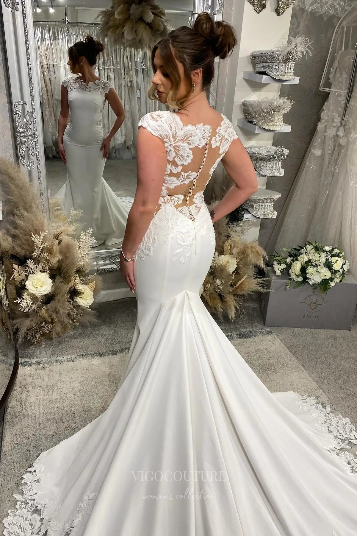 Wedding Dresses 2025 to impress Ivory Crepe Mermaid Wedding Dress with Cap Sleeves, Illusion Lace Back, and Cathedral Train – W2285-vigocouture-vigocouture