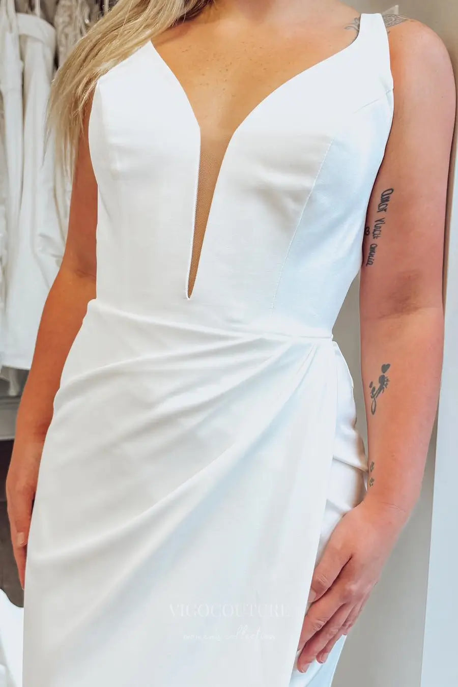 Wedding Dresses 2025 to impress Ivory Crepe Mermaid Wedding Dress with Plunging Neckline, Side Pleats & Chapel Train – W2312-vigocouture-vigocouture