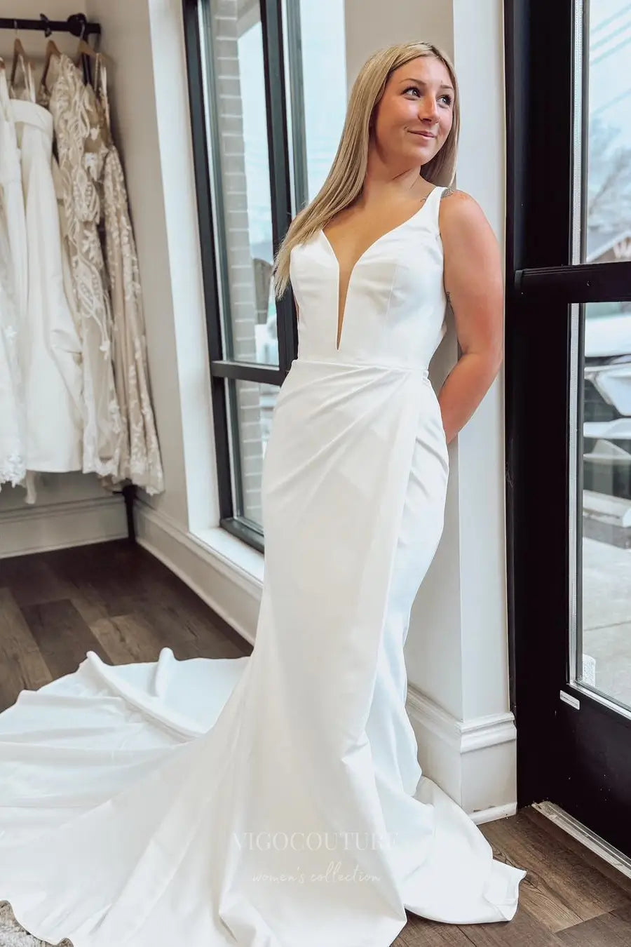 Ivory Crepe Mermaid Wedding Dress with Plunging Neckline & Chapel Train