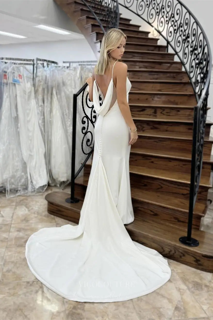 Wedding Dresses 2025 to impress Ivory Crepe Minimalist Wedding Dress with Spaghetti Straps, Draped Backless Design & Sweep Train – W2300-vigocouture-vigocouture