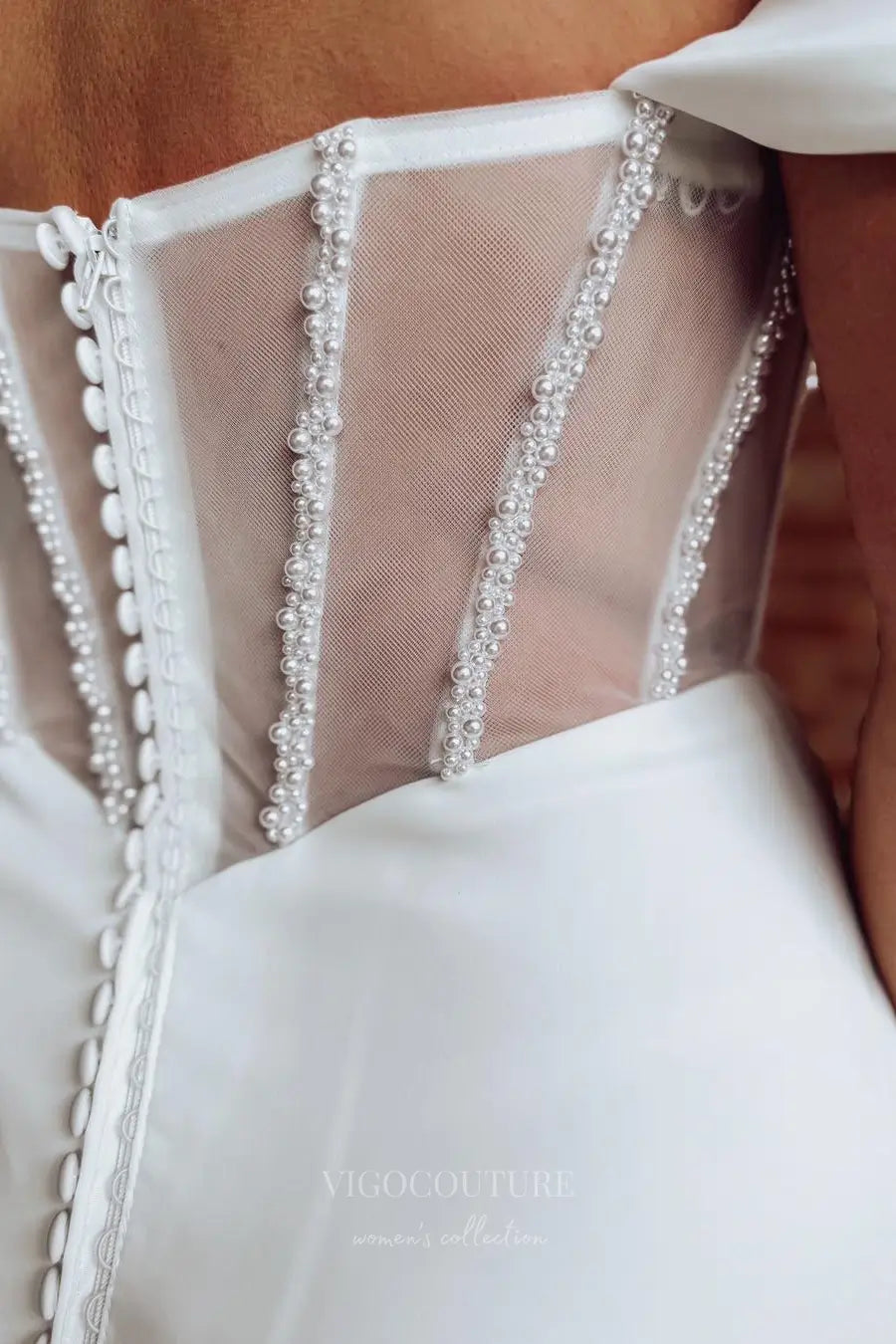 Wedding Dresses 2025 to impress Ivory Crepe Off-Shoulder Wedding Dress with Sheer Pearl Beaded Corset, Slit & Chapel Train – W2317-vigocouture-vigocouture