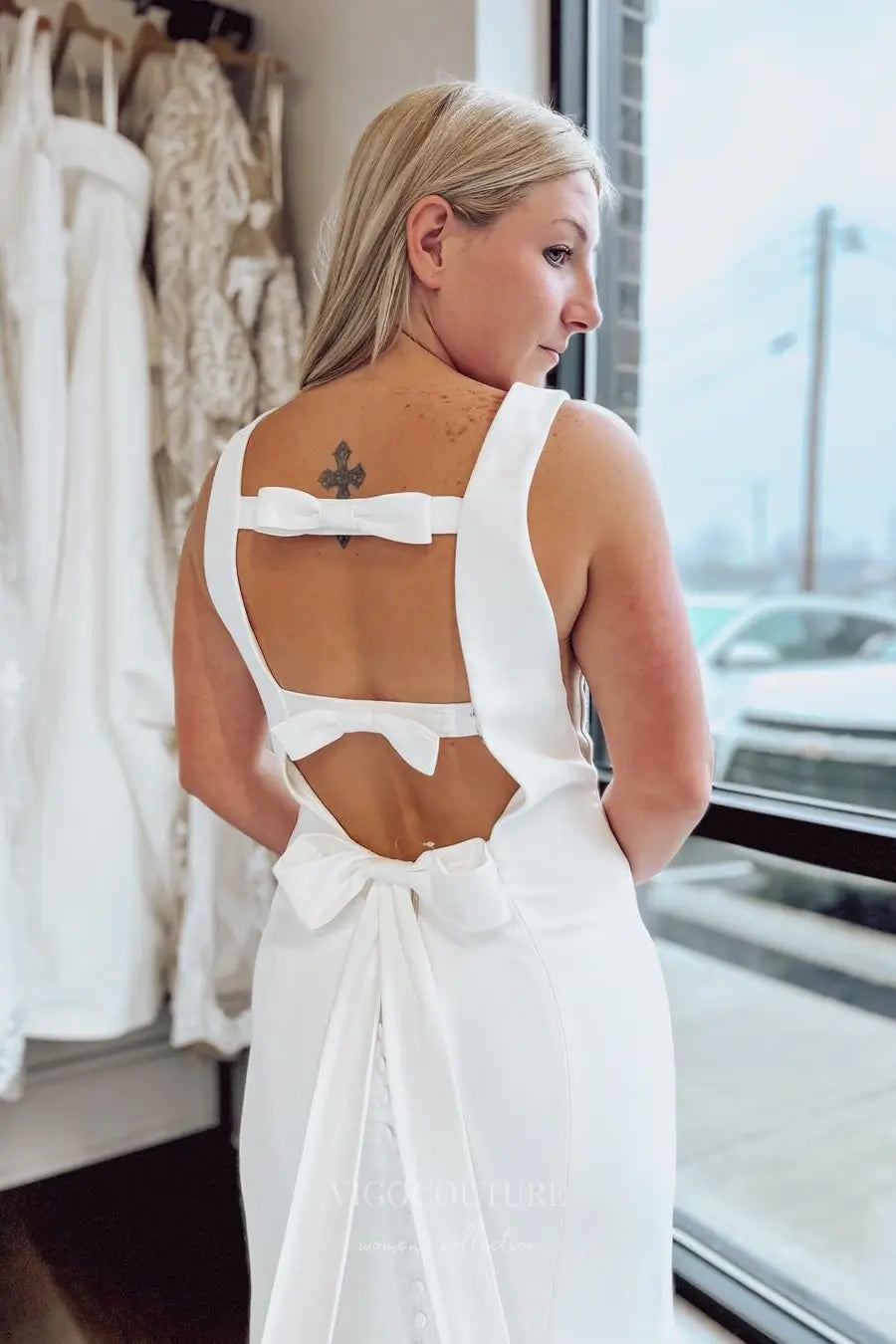 Wedding Dresses 2025 to impress Ivory Crepe Sheath Wedding Dress with Open Bow Back, Side Cut Bodice & Chapel Train – W2309-vigocouture-vigocouture