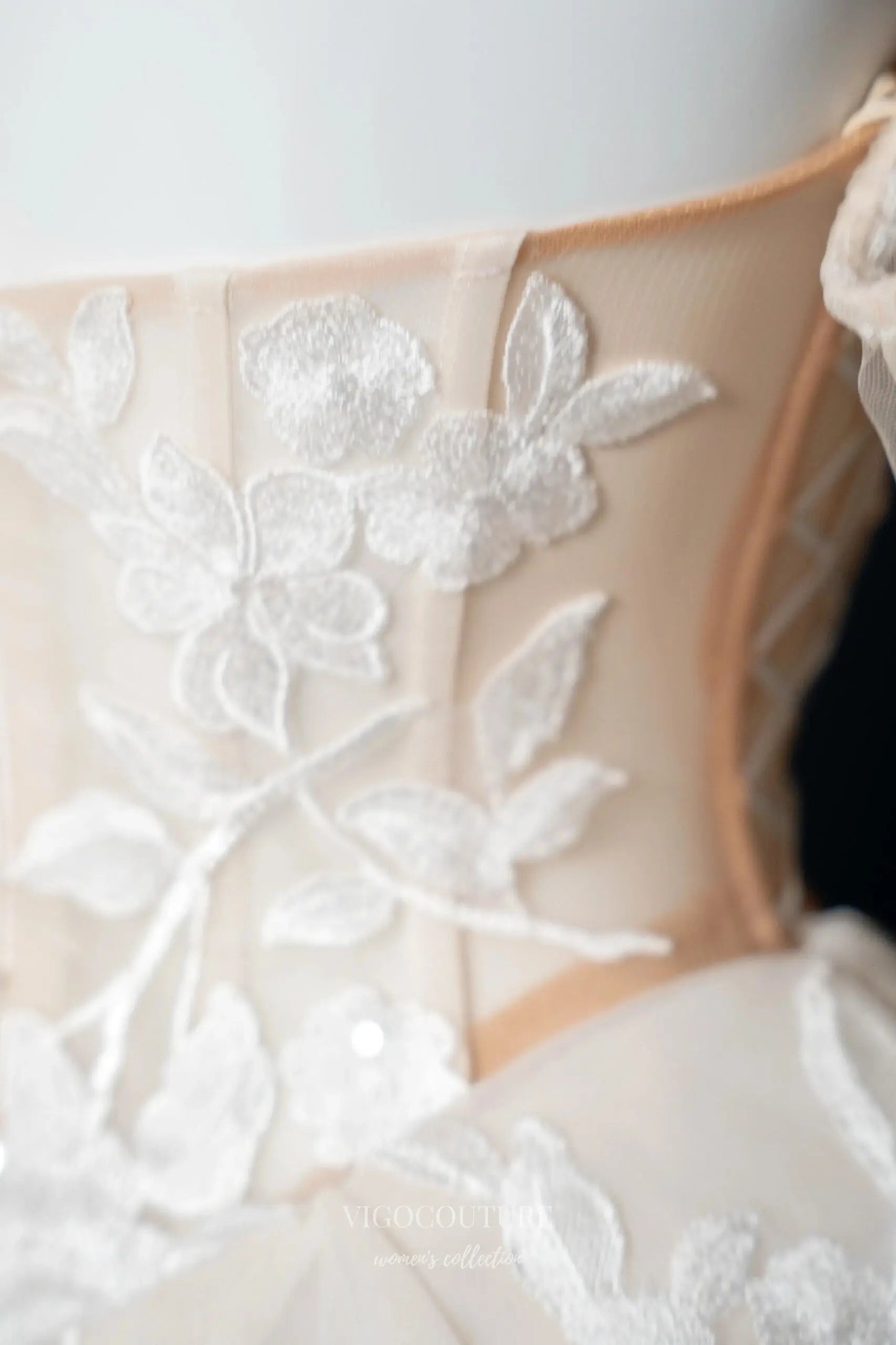 Wedding Dresses 2025 to impress Ivory Floral Appliqué Wedding Dress with Sheer Corset Bodice, Puffy Sleeves, and Chapel Train – RD034-vigocouture-vigocouture