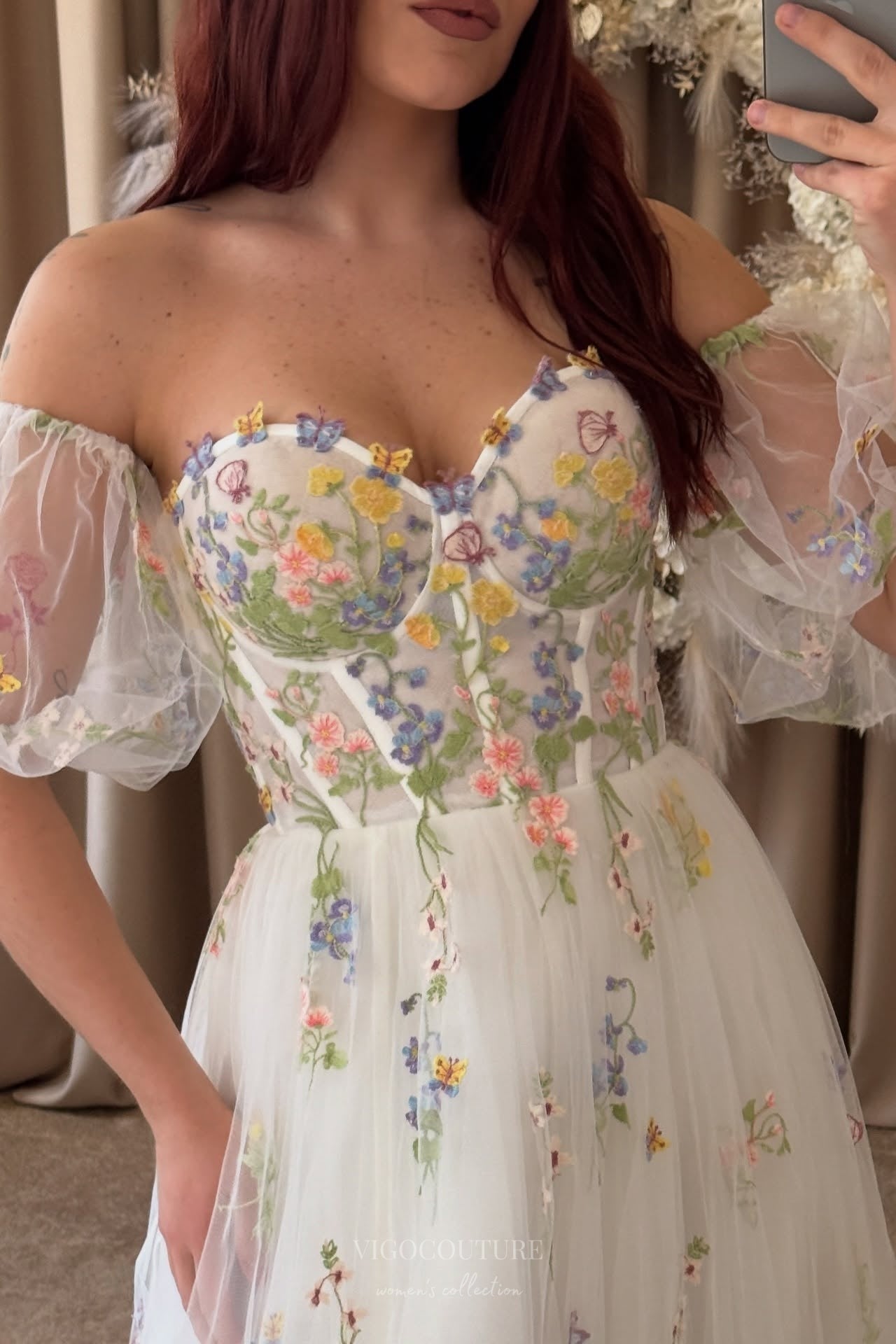 Wedding Dresses 2025 to impress Ivory Floral Embroidered Wedding Dress with Puff Sleeves, Sheer Corset Bodice & Romantic Wildflower Details – W2369-vigocouture-vigocouture