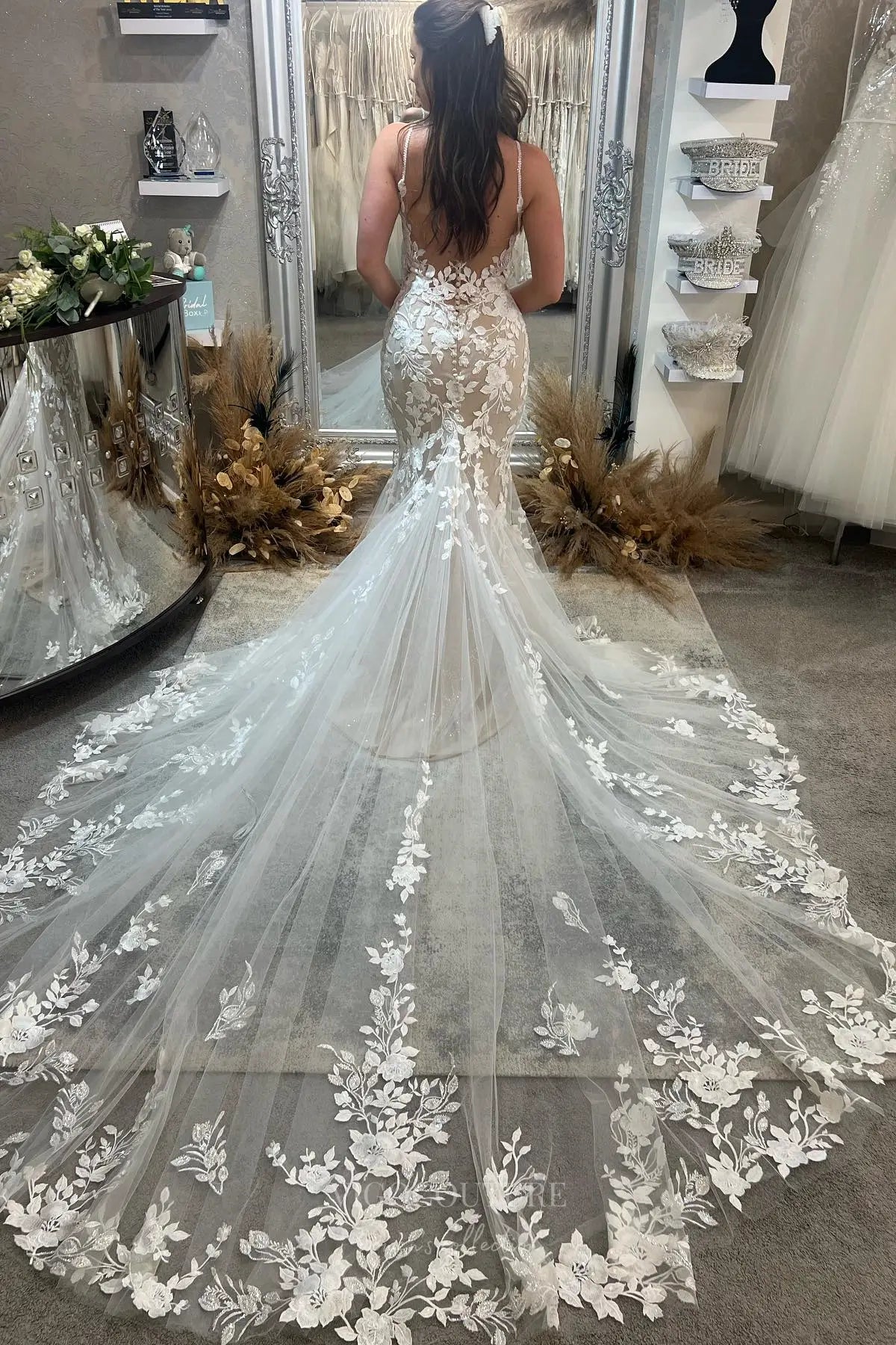 Wedding Dresses 2025 to impress Ivory Floral Lace Mermaid Wedding Dress with Plunging Neckline, Spaghetti Strap, Low Back & Detachable Tulle Cape – W2277-vigocouture-vigocouture