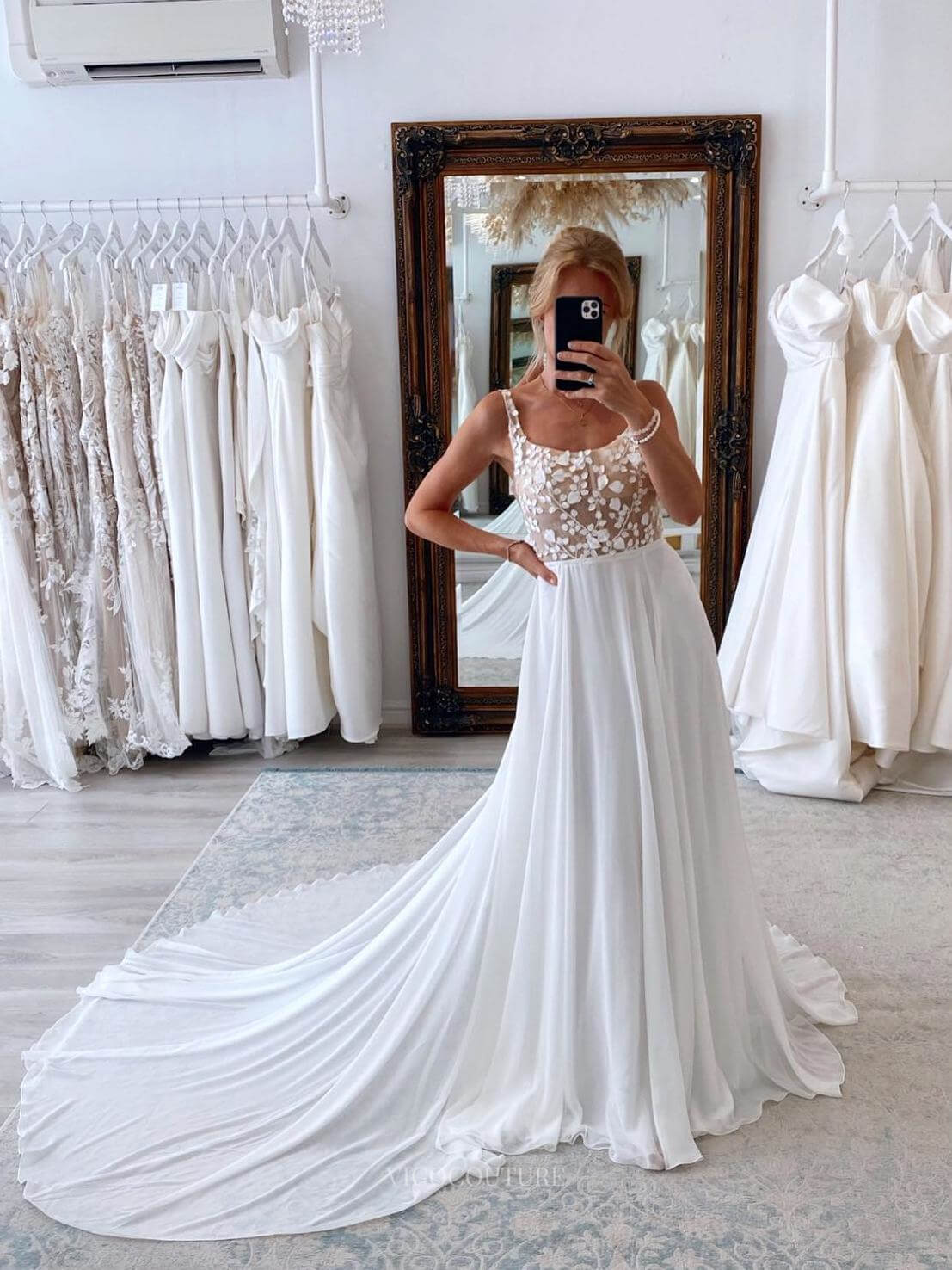 country lace dresses Ivory Lace Applique Chiffon Wedding Dress Open Back Country Bridal Gown W0117 Ivory / US10