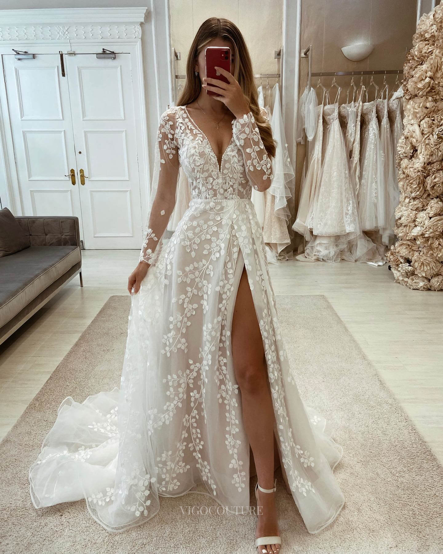 Ivory Lace Applique Long Sleeve Wedding Dress with Slit V-Neck