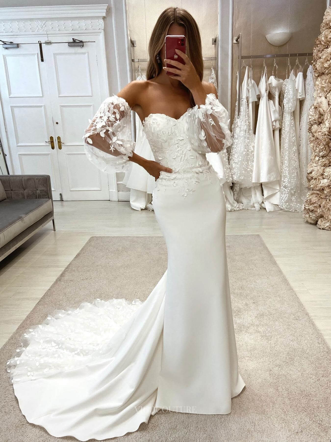 Ivory Lace Applique Satin Sweetheart Wedding Dress Mermaid Removable Sleeves Bridal Gown W0147 Custom Colors / US4 Ivory Lace Applique Satin Sweetheart Wedding Dress Mermaid Removable Sleeves Bridal Gown W0147 Custom Colors / US4