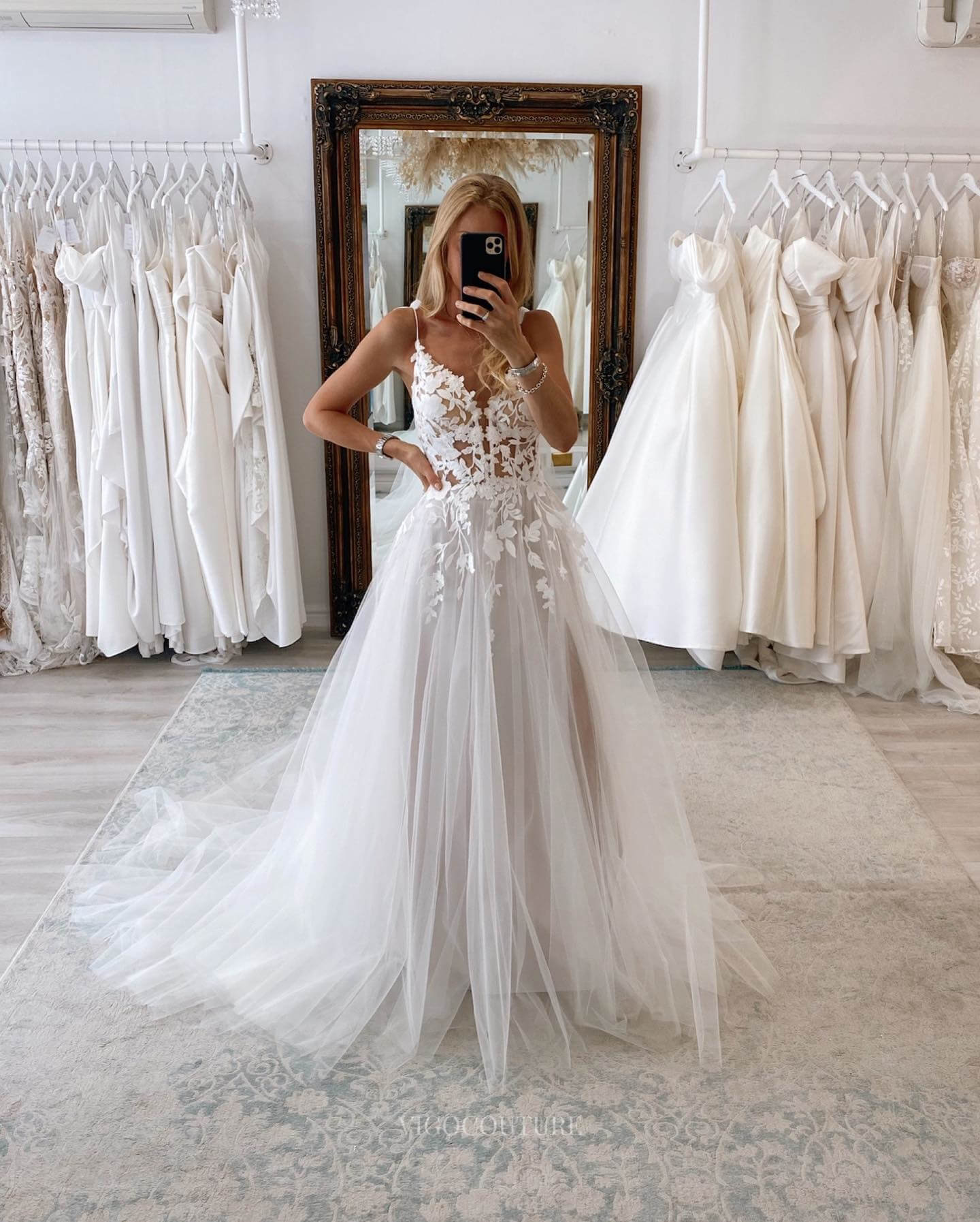 Ivory Lace Applique V-Neck Wedding Dress Spaghetti Strap Bridal Gown W0116 Ivory / 18W Ivory Lace Applique V-Neck Wedding Dress Spaghetti Strap Bridal Gown W0116 Ivory / 18W