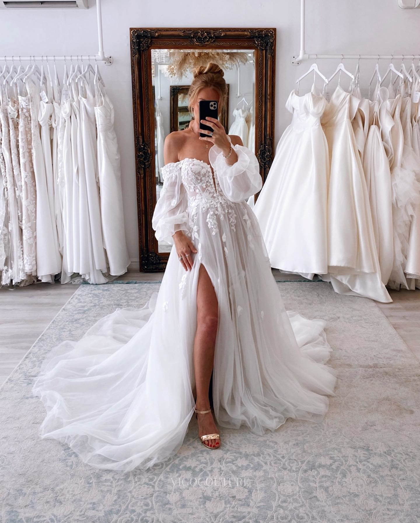 Ivory Lace Applique Wedding Dress with Slit Removable Sleeve Country Bridal Gown W0113 Ivory / US12 Ivory Lace Applique Wedding Dress with Slit Removable Sleeve Country Bridal Gown W0113 Ivory / US12