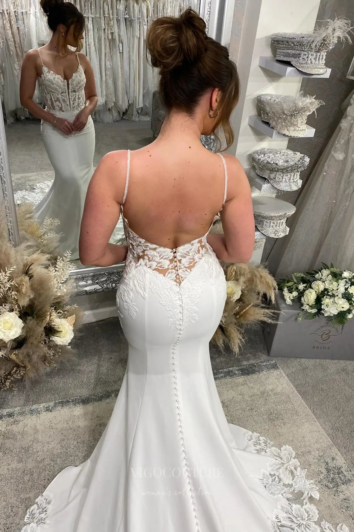 Wedding Dresses 2025 to impress Ivory Lace Crepe Mermaid Wedding Dress with Sheer Corset Bodice, Low Back, Spaghetti Straps & Chapel Train – W2282-vigocouture-vigocouture