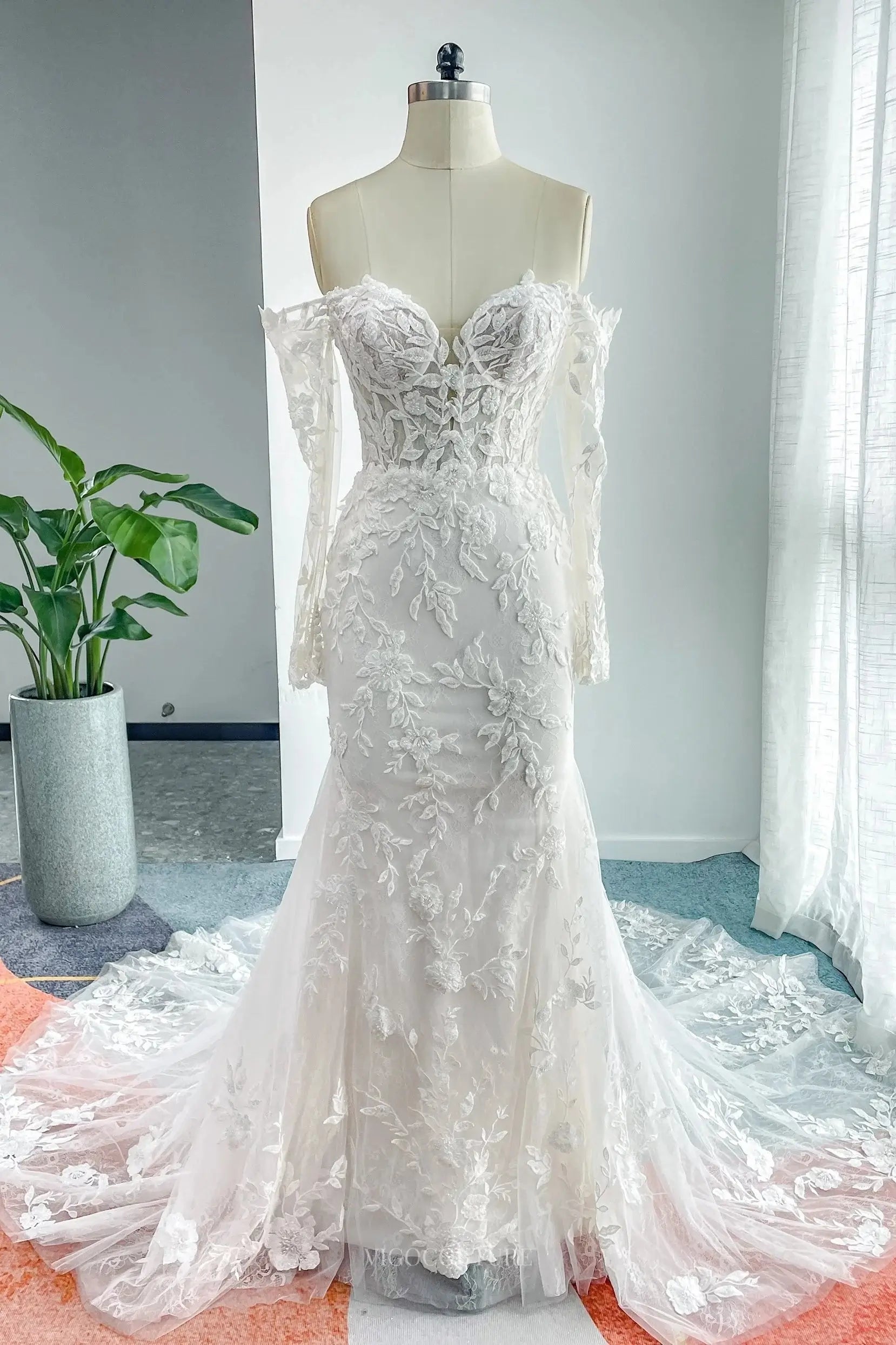 Ivory Lace Mermaid Wedding Dress with Chapel Train, Sweetheart Neckline & Long Sleeve - MQ042 Custom Colors / US8 Ivory Lace Mermaid Wedding Dress with Chapel Train, Sweetheart Neckline & Long Sleeve - MQ042 Custom Colors / US8