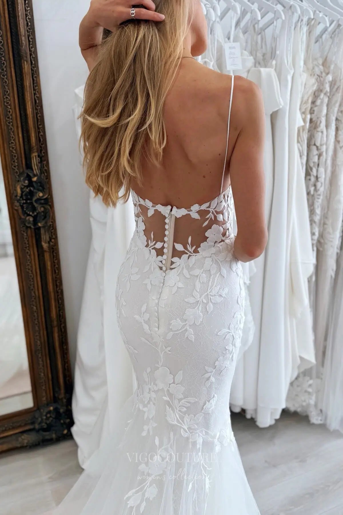 Wedding Dresses 2025 to impress Ivory Lace Mermaid Wedding Dress with Plunging V-Neckline, Spaghetti Straps, Illusion Back & Chapel Train – W2274-vigocouture-vigocouture