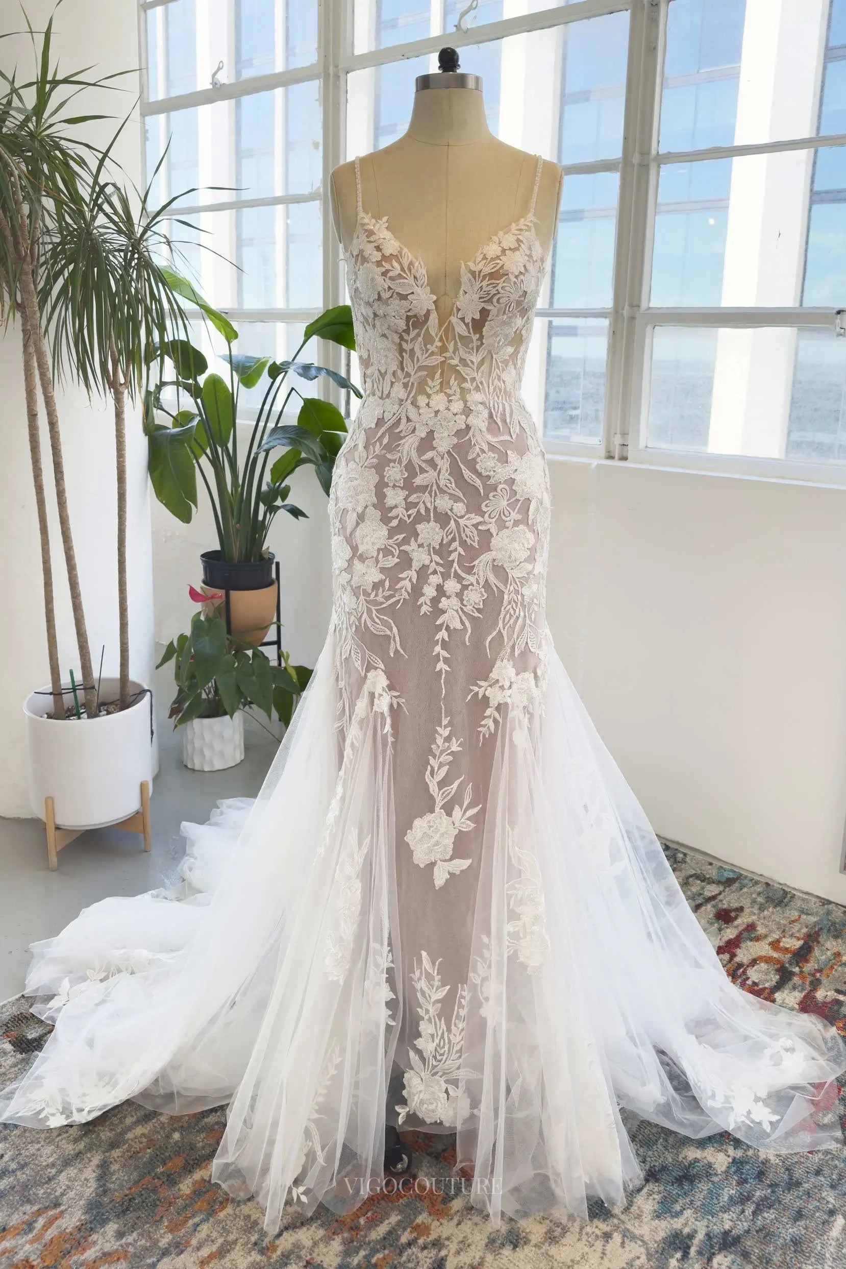 Ivory Lace Mermaid Wedding Dress with Spaghetti Strap, V-Neck, Chapel Train & Open Back - MQ045 Ivory / 20W Ivory Lace Mermaid Wedding Dress with Spaghetti Strap, V-Neck, Chapel Train & Open Back - MQ045 Ivory / 20W