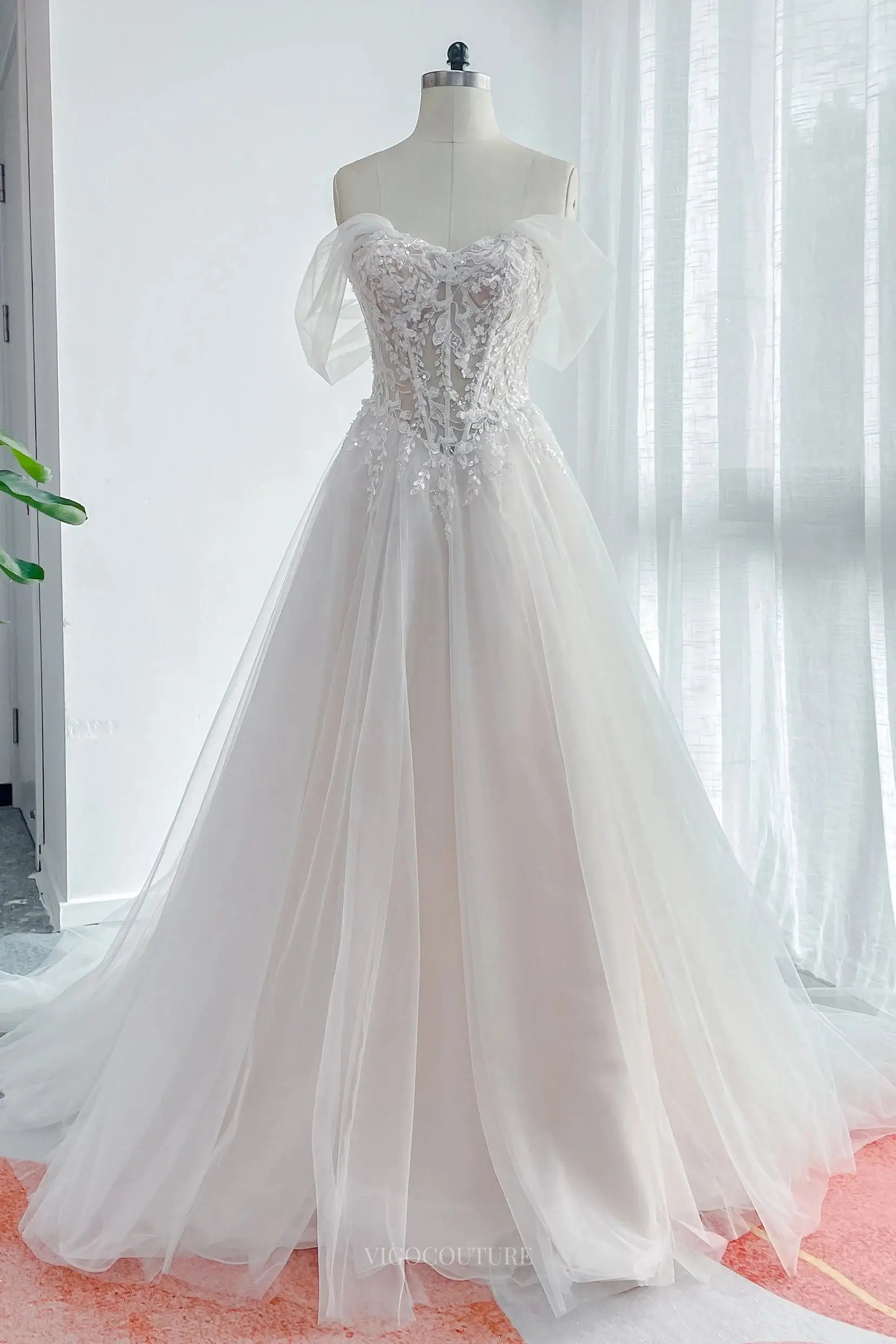 Ivory Lace Off the Shoulder Wedding Dress with Sweetheart Neckline & Sheer Boned Bodice - MQ040 Custom Colors / 24W Ivory Lace Off the Shoulder Wedding Dress with Sweetheart Neckline & Sheer Boned Bodice - MQ040 Custom Colors / 24W