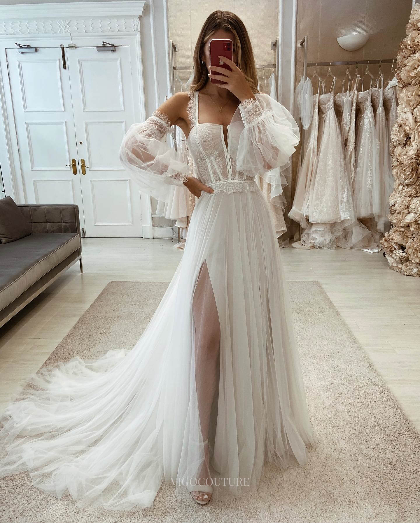 Ivory Lace Sheath Wedding Dress with Slit Long Puffed Sleeve Spaghetti Strap Bridal Gown W0150 Custom Colors / US4 Ivory Lace Sheath Wedding Dress with Slit Long Puffed Sleeve Spaghetti Strap Bridal Gown W0150 Custom Colors / US4