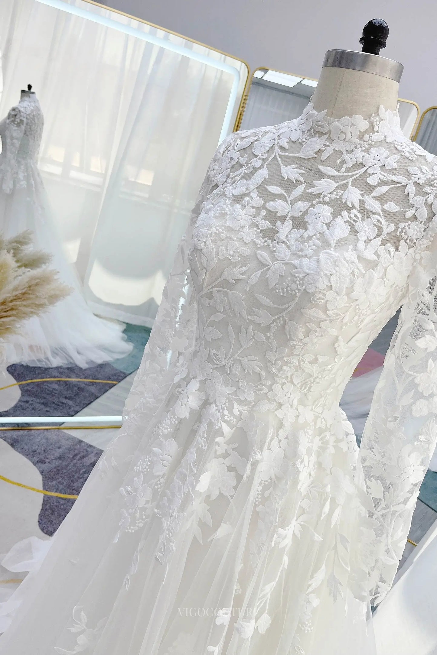 Wedding Dresses 2025 to impress Ivory Lace Tulle Wedding Dress with Sheer Long Sleeve & High Neck - MQ038-vigocouture-vigocouture