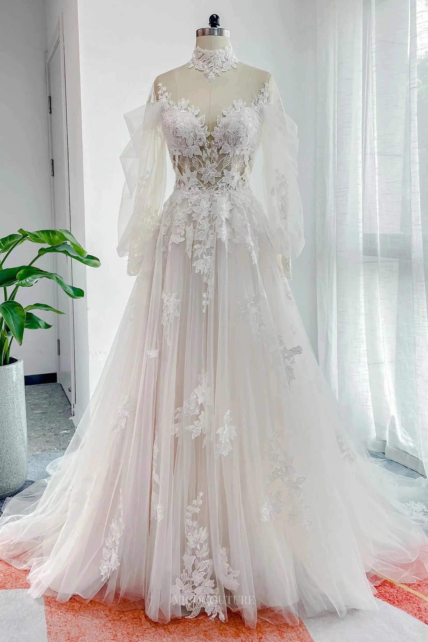 Ivory Lace Tulle Wedding Dress with Sheer Long Sleeve & High Neck - MQ vigocouture Ivory Lace Tulle Wedding Dress with Sheer Long Sleeve & High Neck - MQ vigocouture