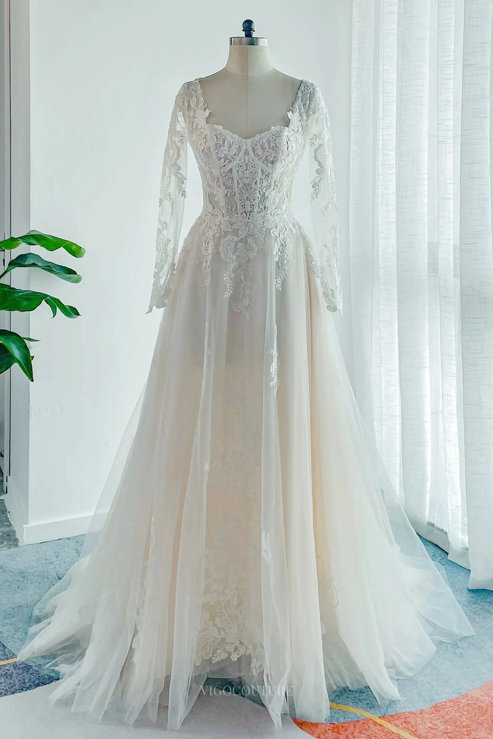 Ivory Lace Tulle Wedding Dress with Sheer Long Sleeve & Square Neck - MQ052 Custom Colors / 16W Ivory Lace Tulle Wedding Dress with Sheer Long Sleeve & Square Neck - MQ052 Custom Colors / 16W