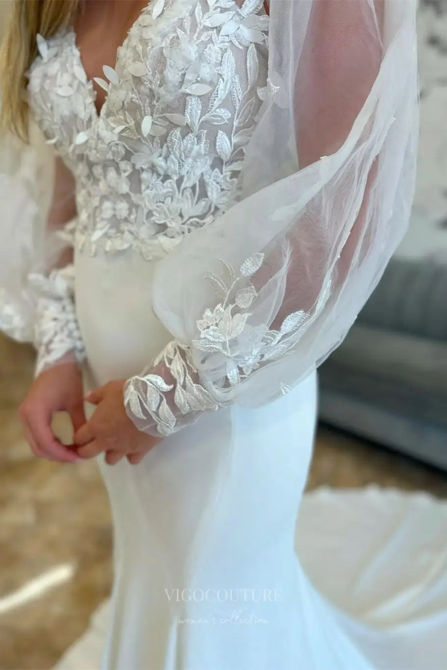 Wedding Dresses 2025 to impress Ivory Lace Wedding Dress with Sheer Long Puff Sleeves, Deep V Neck, Low Back & Chapel Train – W2290-vigocouture-vigocouture