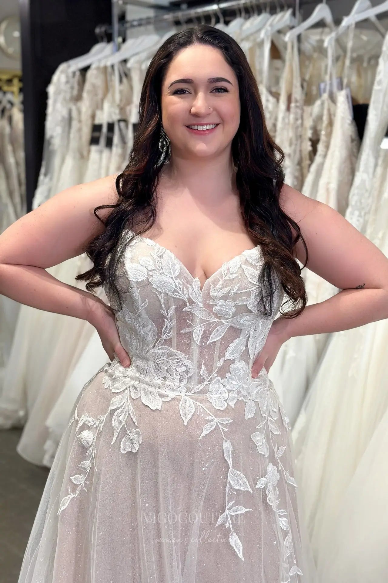 Wedding Dresses 2025 to impress Ivory Nude Lace Wedding Dress with Spaghetti Straps, Sheer Corset Bodice, Slit Skirt & Chapel Train – W2337-vigocouture-vigocouture