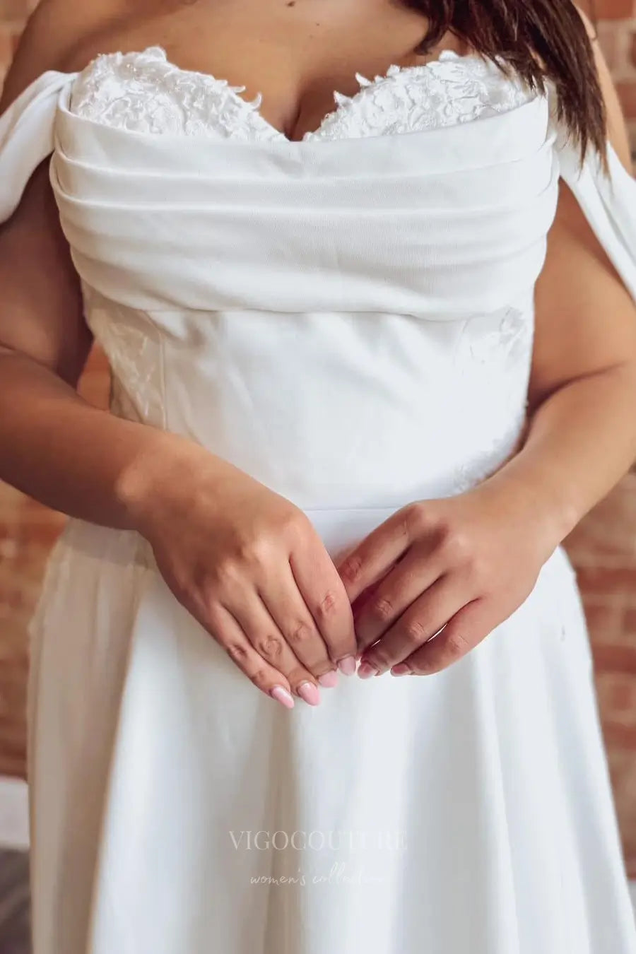 Wedding Dresses 2025 to impress Ivory Off-Shoulder A-Line Wedding Dress with Lace Train, Draped Bodice, and Pockets – W2321-vigocouture-vigocouture