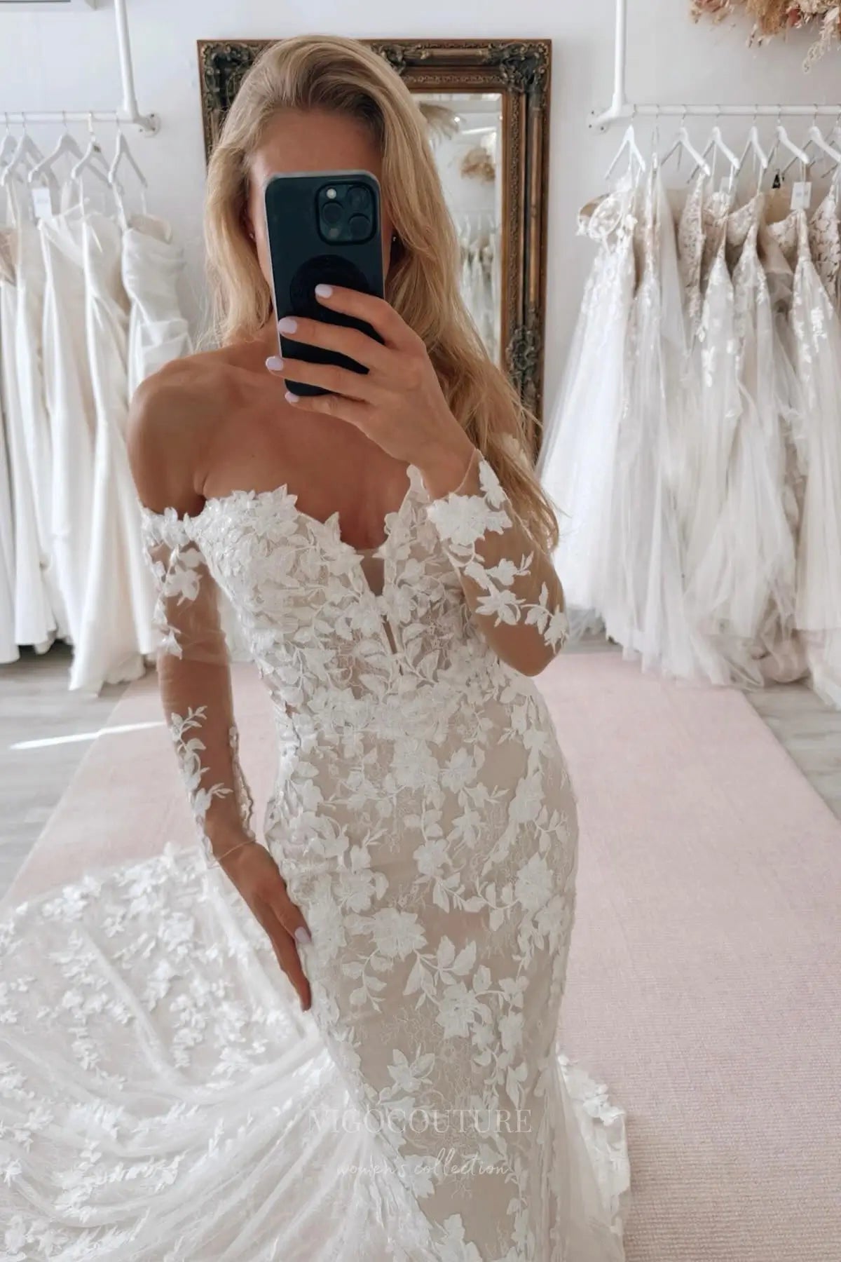 Wedding Dresses 2025 to impress Ivory Off-Shoulder Lace Mermaid Wedding Dress with Long Sleeves, Sheer Bodice & Chapel Train – W2294-vigocouture-vigocouture