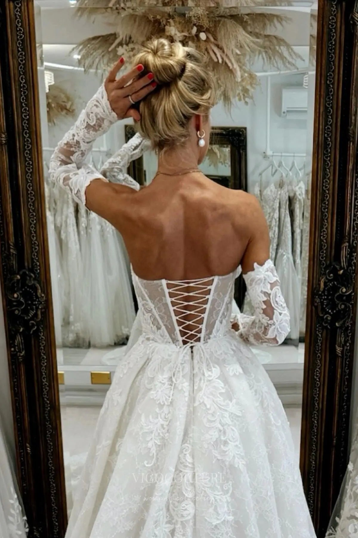 Wedding Dresses 2025 to impress Ivory Off-Shoulder Long Sleeve Lace Wedding Dress with Sheer Corset Bodice & Chapel Train – W2262-vigocouture-vigocouture