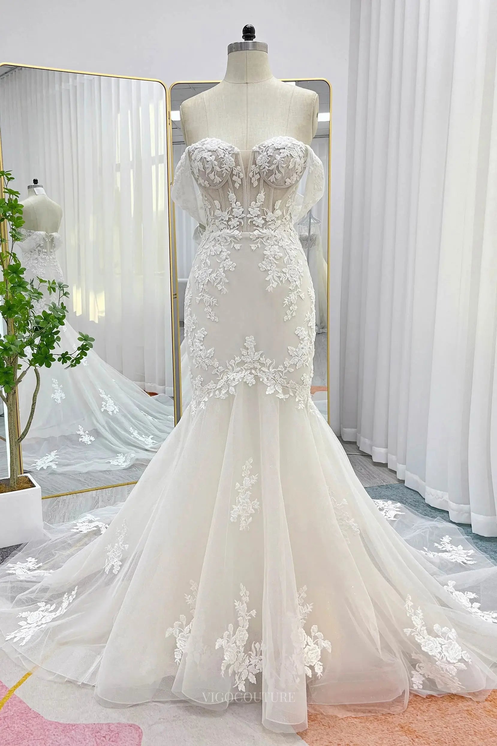 Ivory Off the Shoulder Lace Mermaid Wedding Dress with Chapel Train & vigocouture Ivory Off the Shoulder Lace Mermaid Wedding Dress with Chapel Train & vigocouture