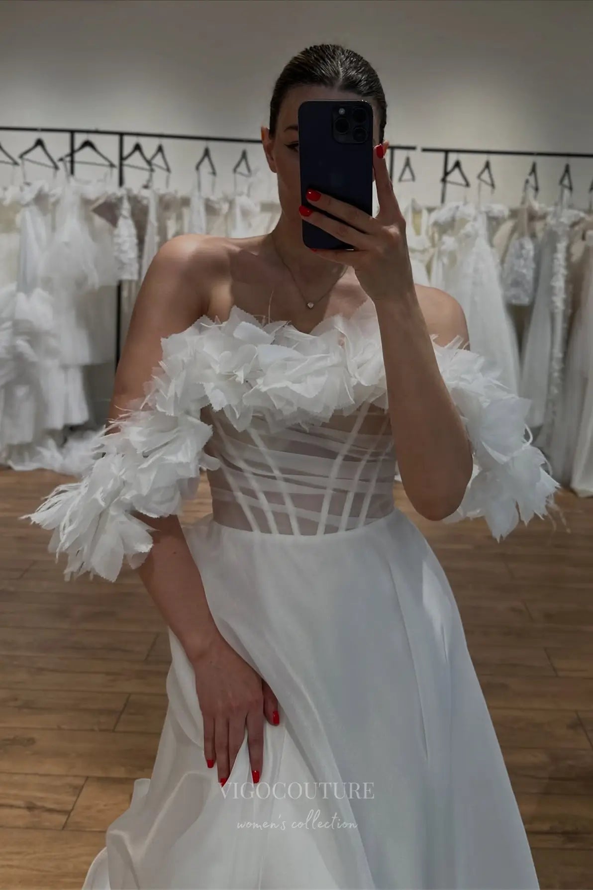 Wedding Dresses 2025 to impress Ivory Off-the-Shoulder Wedding Dress with 3D Floral Sleeves, Sheer Corset Bodice & Organza A-Line Skirt – W2620-vigocouture-vigocouture