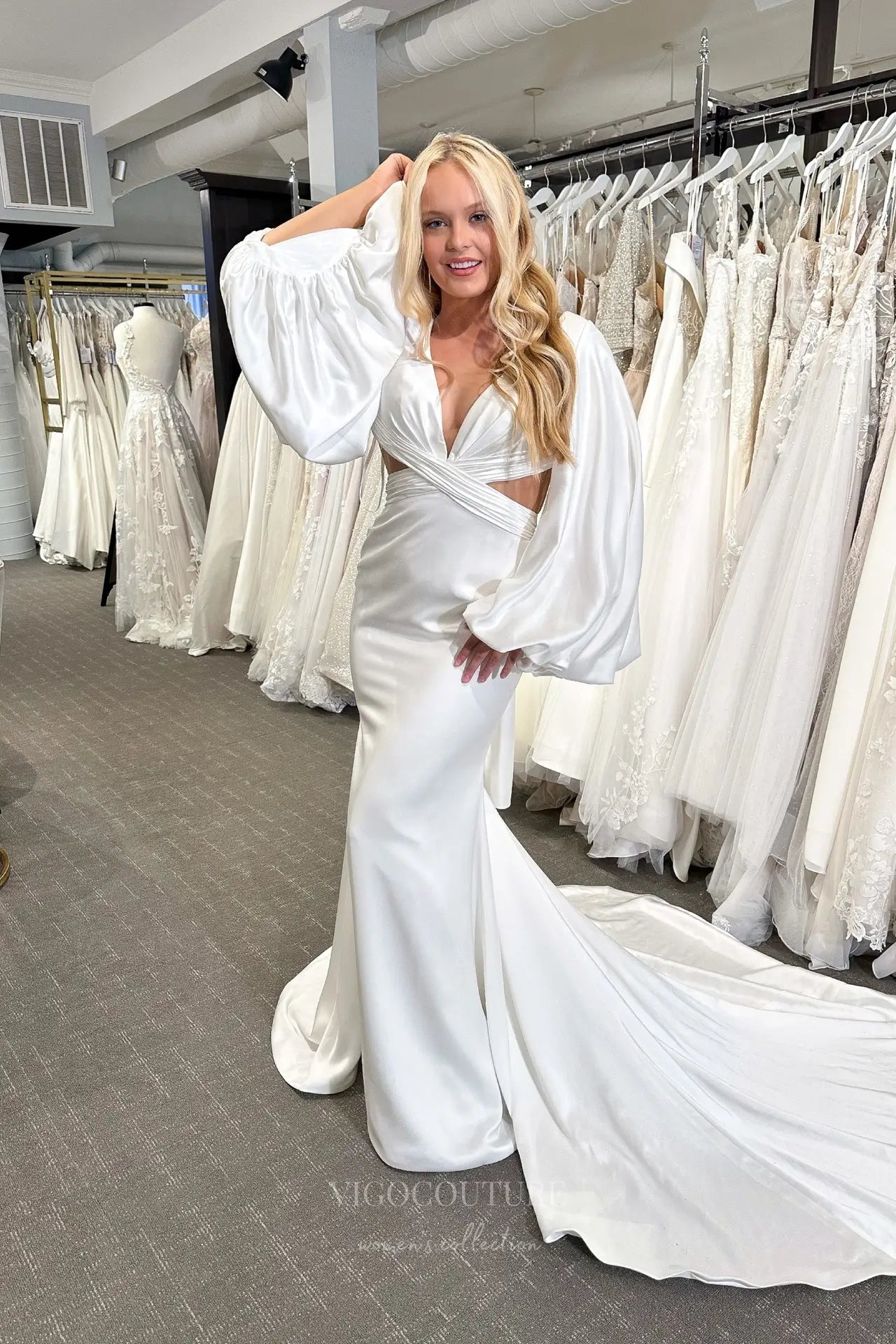 Wedding Dresses 2025 to impress Ivory Satin Mermaid Wedding Dress with Bishop Sleeves, Deep V Neckline & Chapel Train – W2336-vigocouture-vigocouture