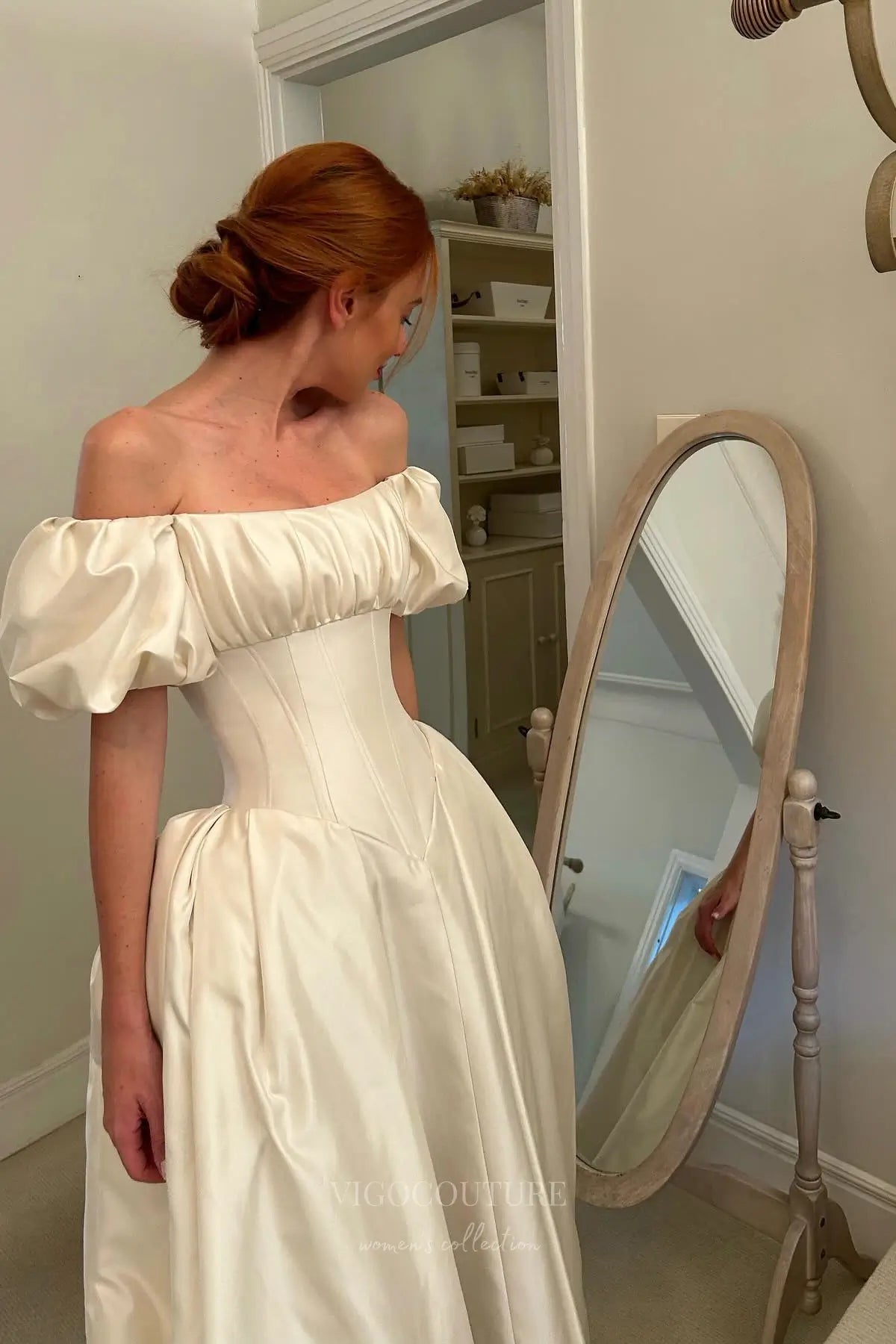 Wedding Dresses 2025 to impress Ivory Satin Off-Shoulder Wedding Dress with Puff Sleeves, Basque Waist & Chapel Train – W2324-vigocouture-vigocouture